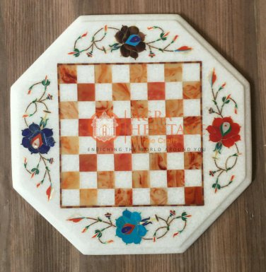 12" White Handmade Chess Top Table Carnelian Semi Precious Floral Art Gift Decor