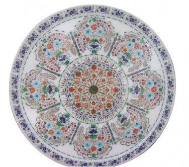 18" White Marble Round Plate Micro Mosaic Inlay Multi Arts Kitchen Gift Decor