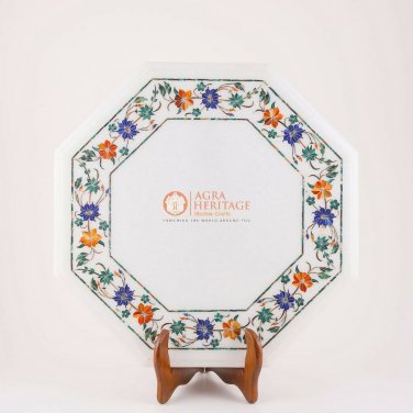 White Marble Octagon Table Top with Floral Marquetry Precious Stone Inlay Decor