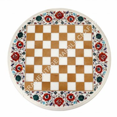 24" White Chess Marble Round Table Top Multi Marquetry Inlay Hallway Decor E941