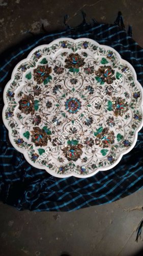 15" White Marble Plate Pauashell Gemstone Inlay Stunning Arts Kitchen Decor E447