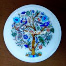 12" White Marble Round Dish Plate Pietradure Inlay Marquetry Birds Decor Gifts