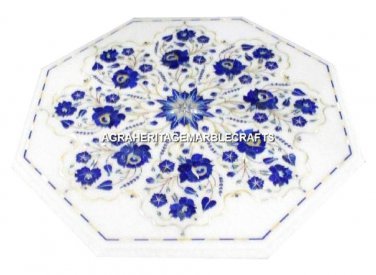 12" White Marble Side Coffee Table Top Lapis Lazuli Stone Inlay Home Decor H3060