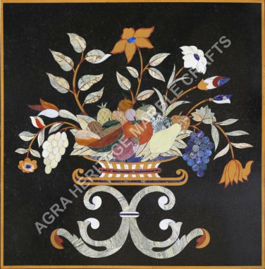 24" Black Marble Side Coffee Center Table Top Fruit Floral Inlay Design H5688