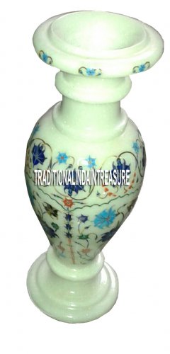 10" Decorative White Marble Flower Vases Multi Art Inlay Floral Work Decor Gift