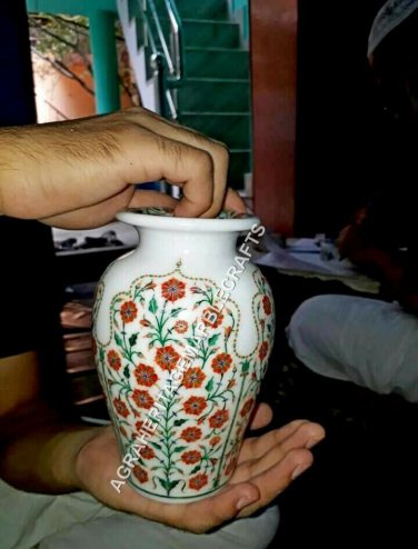 9" White Marble Flower Decorative Pot Carnelian Malachite Inlay Floral Art E1110