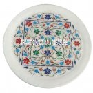 12" White Marble Round Serving Plate Lapis Stone Inlay Marquetry Work Art Decor