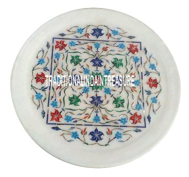 12" White Marble Round Serving Plate Lapis Stone Inlay Marquetry Work Art Decor