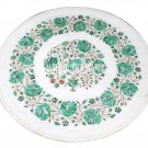 12" Marble White Round Plate Malachite Floral Work Inlaid Kitchen Art Home Decor