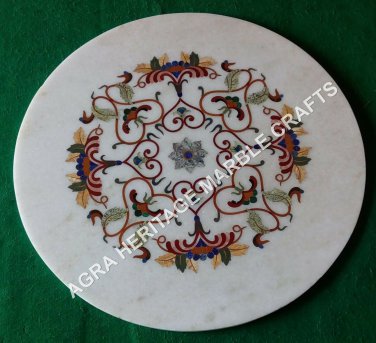 12" Marble Round Serving Plate Mosaic Inlay Unique Design Kitchen Decor E667