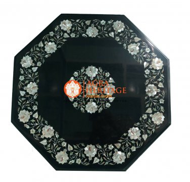 Black Marble Center Coffee Top Table Mother of Pearl Inlay Gemstone Decor E136