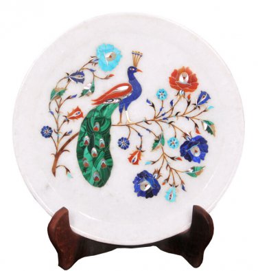 10" Marble Round Serving Dish Plate Fine Peacock Inlay Pietradura Art Deco Gifts
