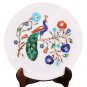 10" Marble Round Serving Dish Plate Fine Peacock Inlay Pietradura Art Deco Gifts