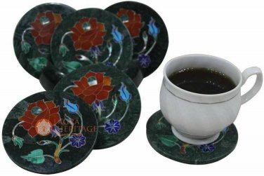 Decorative Stone Green Marble Coaster Set Carnelian Inlay Floral Art Gift E1971