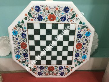 24" White Marble Coffee Chess Table Cum Coffee Table Top Peacock Inlay Floral