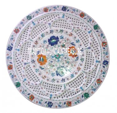 18" Marble Table Tray Plate Rare Multi Stones Marquetry Inlay Grill Work Gifts