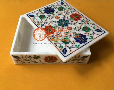 Marble Jewelry Storage Box Lapis Lazuli Carnelian Malachite Inlay Floral E1584