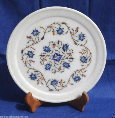 8" Decorative White Marble Plate Semi Precious Lapis Lazuli Hakik Inlay Gifts