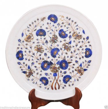 15" Marble Serving Plate Lapis Lazuli Inlay Precious Stone Kitchen Decor Gift