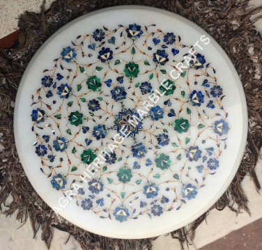 White Marble Coffee Kitchen Table Top Lapis Malachite Inlay Patio Decor H5383