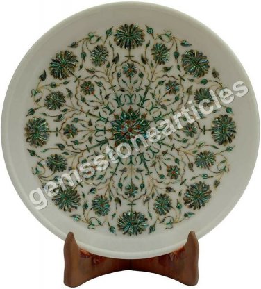 14" White Dinning Plate Pauashell Inlaid Marquetry Floral Design Veterans Gifts