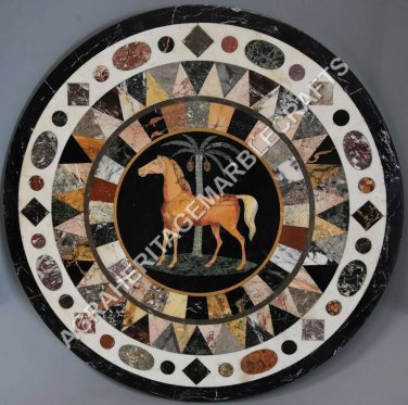 24" Black Marble Coffee Garden Table Top Mosaic Horse Inlay Design Decor E596