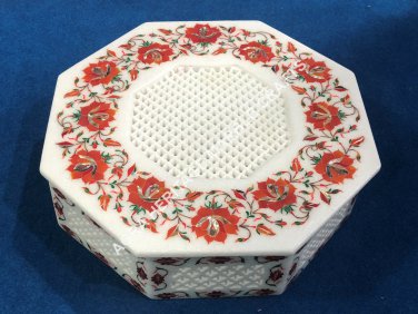 White Marble Octagon Jewelry Storage Box Filigree Inlay Personalized Decor E462