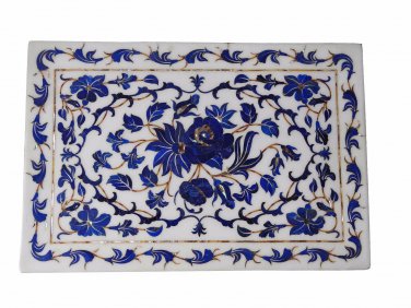 Indian White Makrana Marble Serving Tray Lapis Lazuli Inlay Marquetry Decor Gift