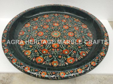 15" Black Marble Round Fruit Beautiful Bowl Carnelian Inlay Kitchen Decor H5760