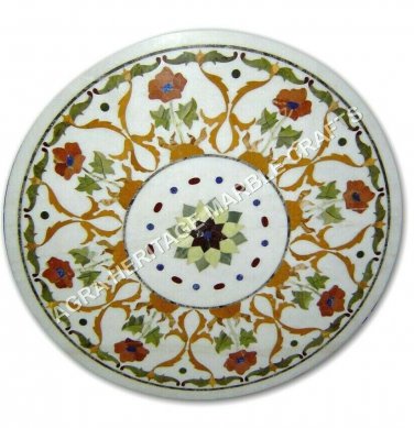 30" White Round Marble Coffee Garden Table Top Inlay Marquetry Patio Decor E1055