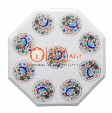 18" White Marble Coffee Bedroom Table Top Multi Inlay Floral Peacock Design H035