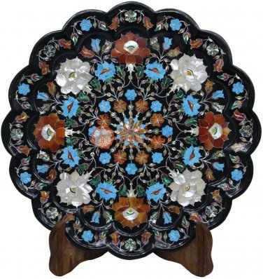 15" Marble Black Serving Tray Carnelian Marquetry Gemstone Floral Columbus Gifts