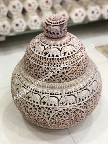 Natural Soapstone Marble Jar Hand Carved Elephant Gill Design Decor E455