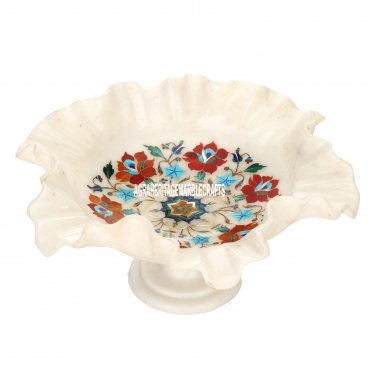 11"x11''x5'' White Marble Fruit Bowl Carnelian Inlay Pietradura Arts Decor H3638