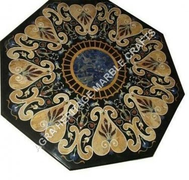 36" Black Octagon Dining Center Table Top Pietra Dura Inlay Hallway Decor E934