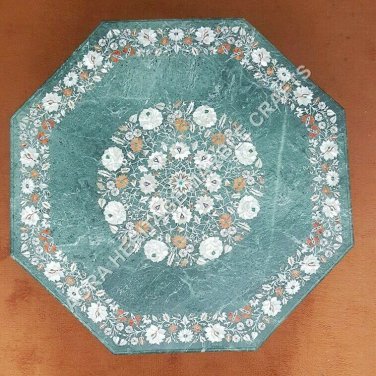 30" Green Marble Coffee Table Top Mother of Pearl Inlay Floral Home Decor E1030