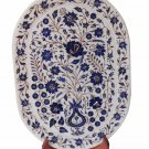 Indian White Makrana Serving Tray Lapis Lazuli Marquetry Inlay Floral Art Decor