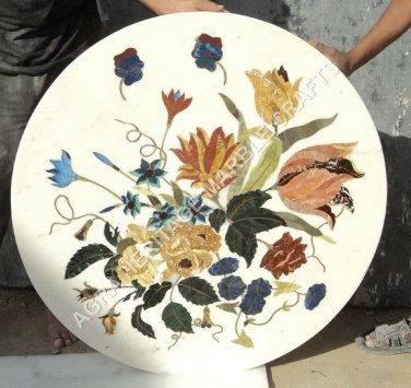 24" Marble Round Coffee Console Table Top Floral Marquetry Inlay Art Decor H4673