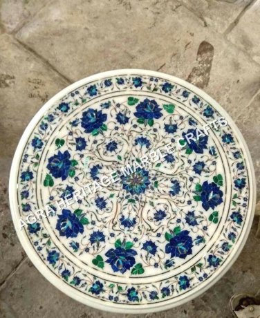 24" White Marble Coffee Center Table Top Lapis Lazuli Inlay Stone Decor E752