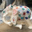 8" Marble White Trunk Down Elephant Statue Multi Marquetry Inlay Home Decor E878