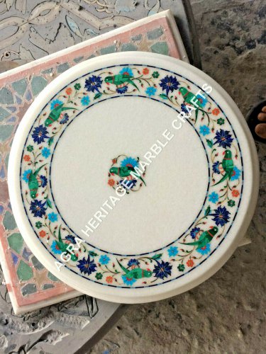 White Marble Round Center Table Top Parrot Inlay Floral Arts Hallway Decor H5393