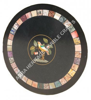 Black Marble Round Coffee Bedroom Table Top Mosaaic Bird Inlay Arts Decor E643