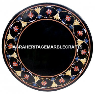 Black Marble Coffee Table Top Gems Inlaid Mosaic Marquetry Decorative Gift H2933