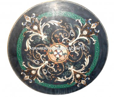 Black Marble Coffee Round Table Rare Inlay Mosaic Gemstone Halloween Decor H2750