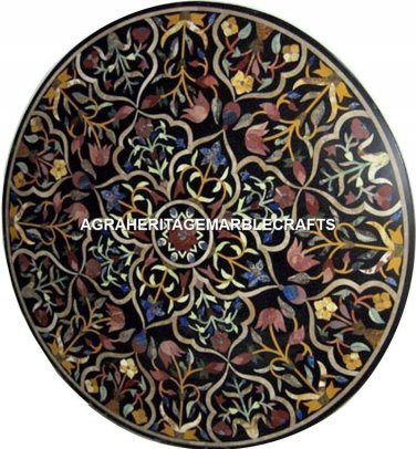 Black Marble Coffee Table Real Stone Inlay Mosaic Marquetry Decorative H2889