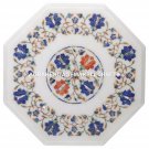 White Marble Coffee Table Top Rare Lapis Lazuli Inlay Marquetry Furniture H2473