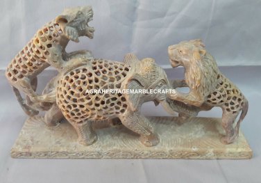 6" Marvelous Marble Elephant Design Fighting Handmade Home Hallway Decor H4227