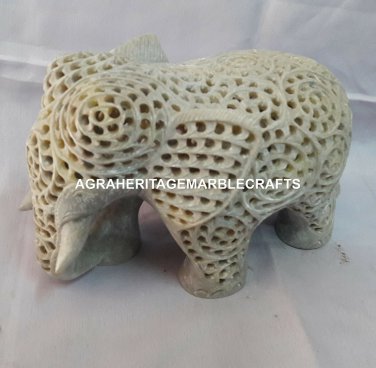5" Natural Soapstone Marble Elegant Elephant Fine Handmade Jali Work Decor H4208