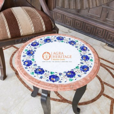 19"x19" Marble Top Console Table Lapis Marquetry Floral Design Inlaid Art Decor