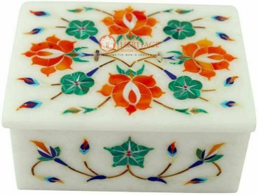 White Marble Jewelry Box Malachite Inlay Floral Arts Thanks Giving Gift E2007
